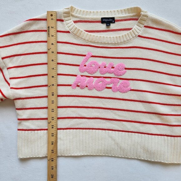 Originality Striped Love More Cropped Sweater Cream Red Knit Preppy Cute Cozy - Picture 9 of 9